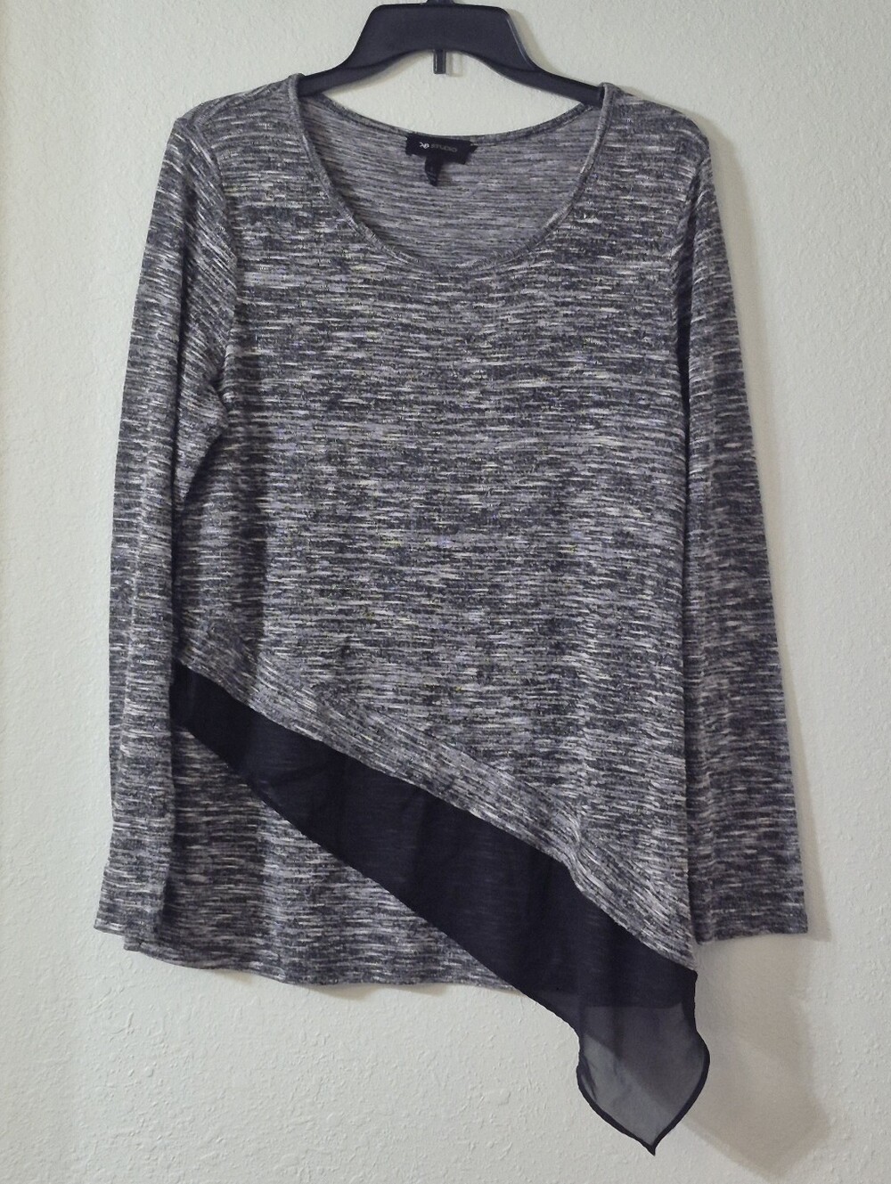 AB Studio Gray Marled Long-Sleeve Top with Black Sheer Asymmetrical Hem